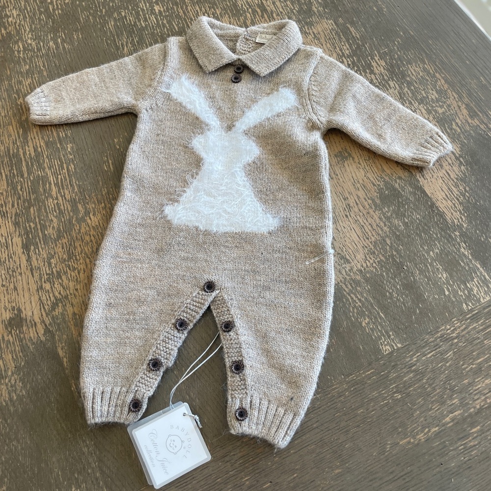 Babydoll Cotton Collection Knit Romper – Beige Bunny Design (Newborn, NWT)